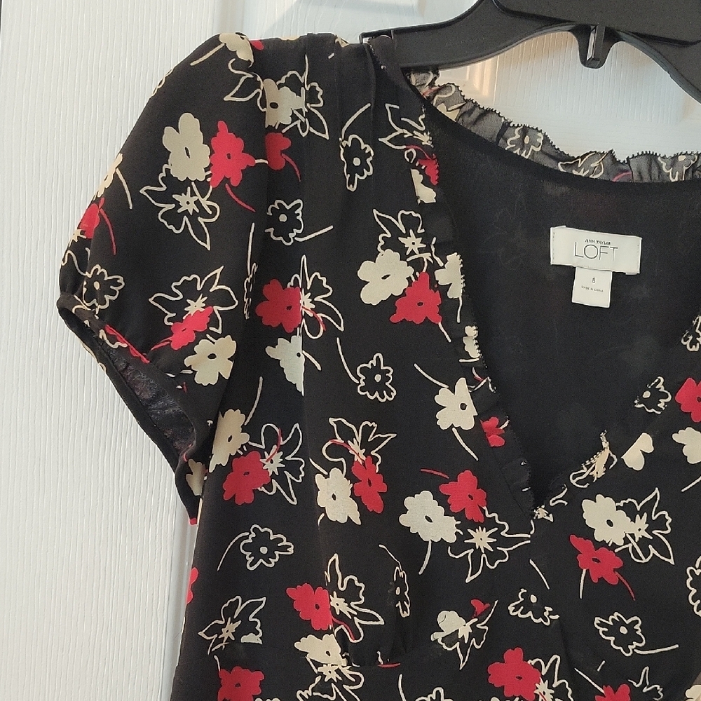 LOFT Black Midi Dress with Red and Cream Floral Design - Picture 4 of 9
